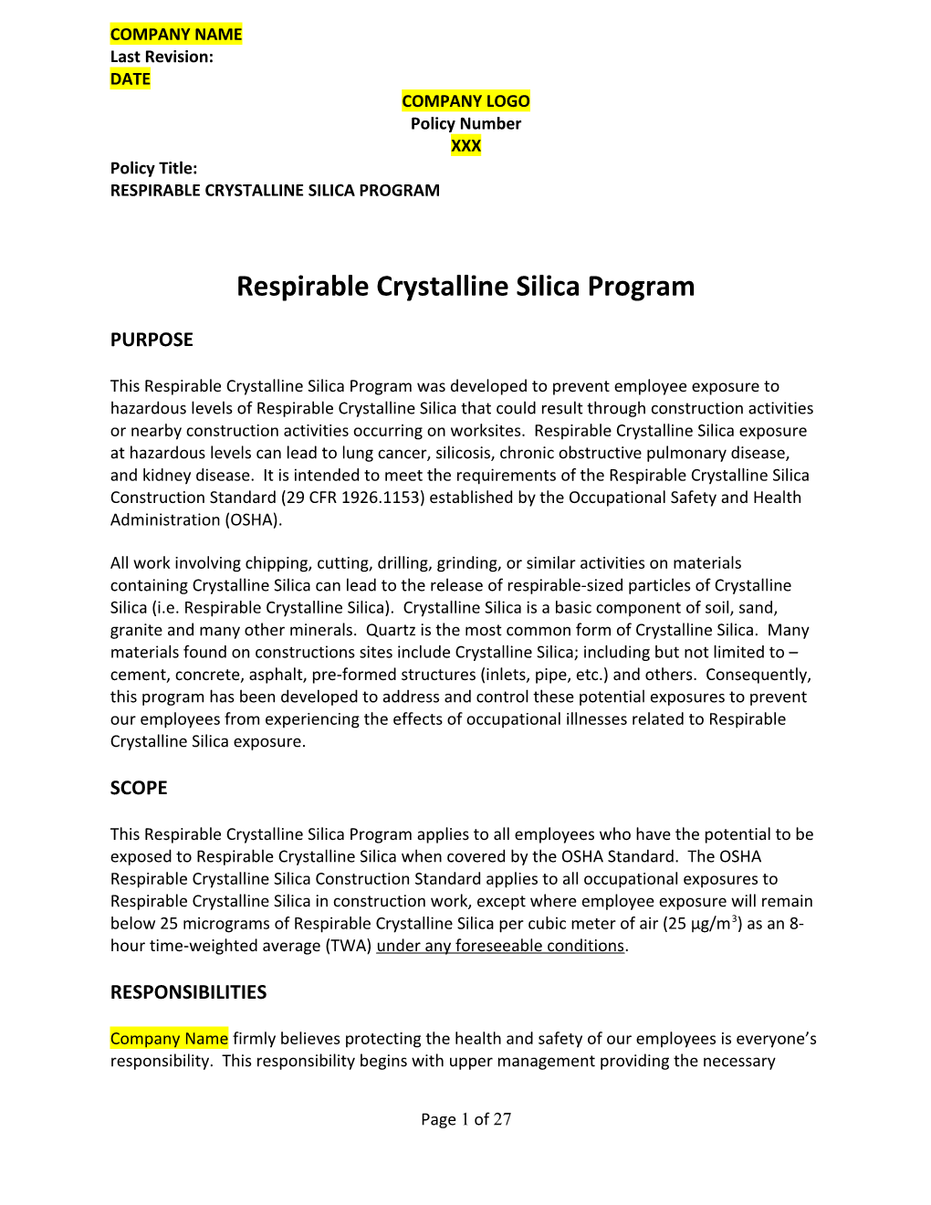 Respirable Crystalline Silica Program