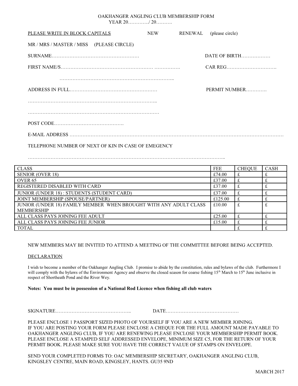 Oakhanger Angling Club New Membership Form