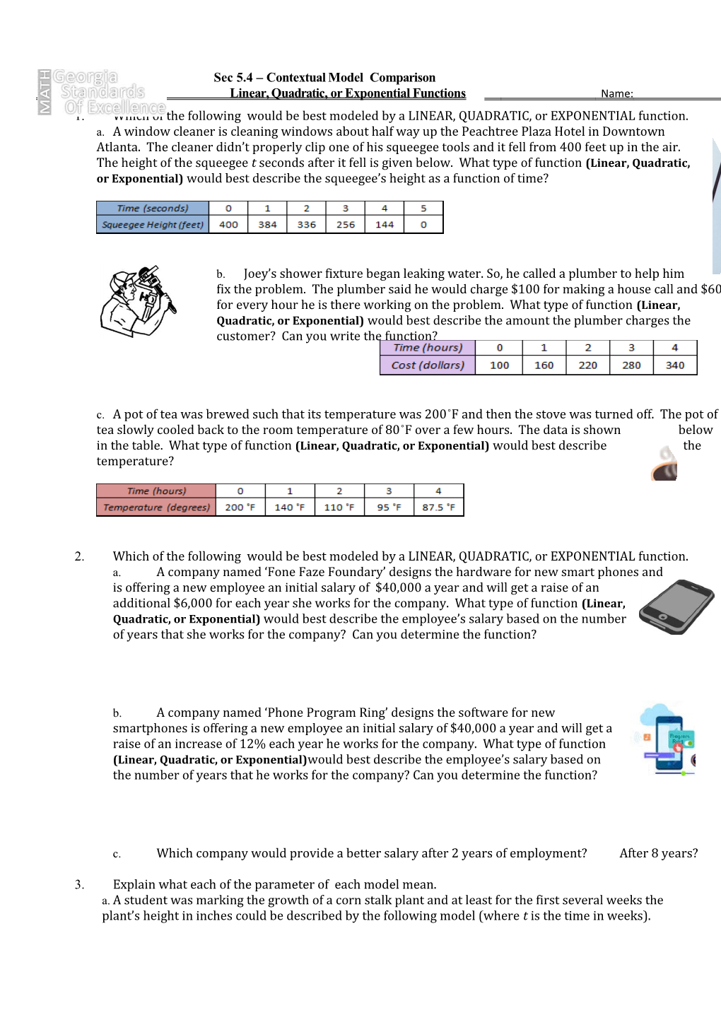 Linear, Quadratic, Or Exponential Functions Name