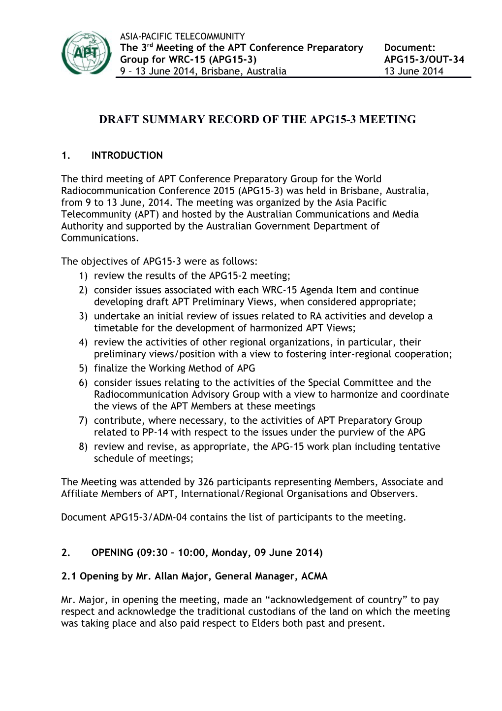 Draft Summary Record of the Apg15-3Meeting