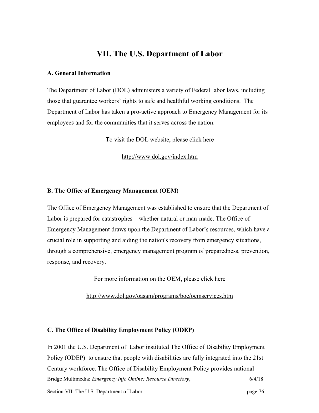 VII. the U.S. Department of Labor