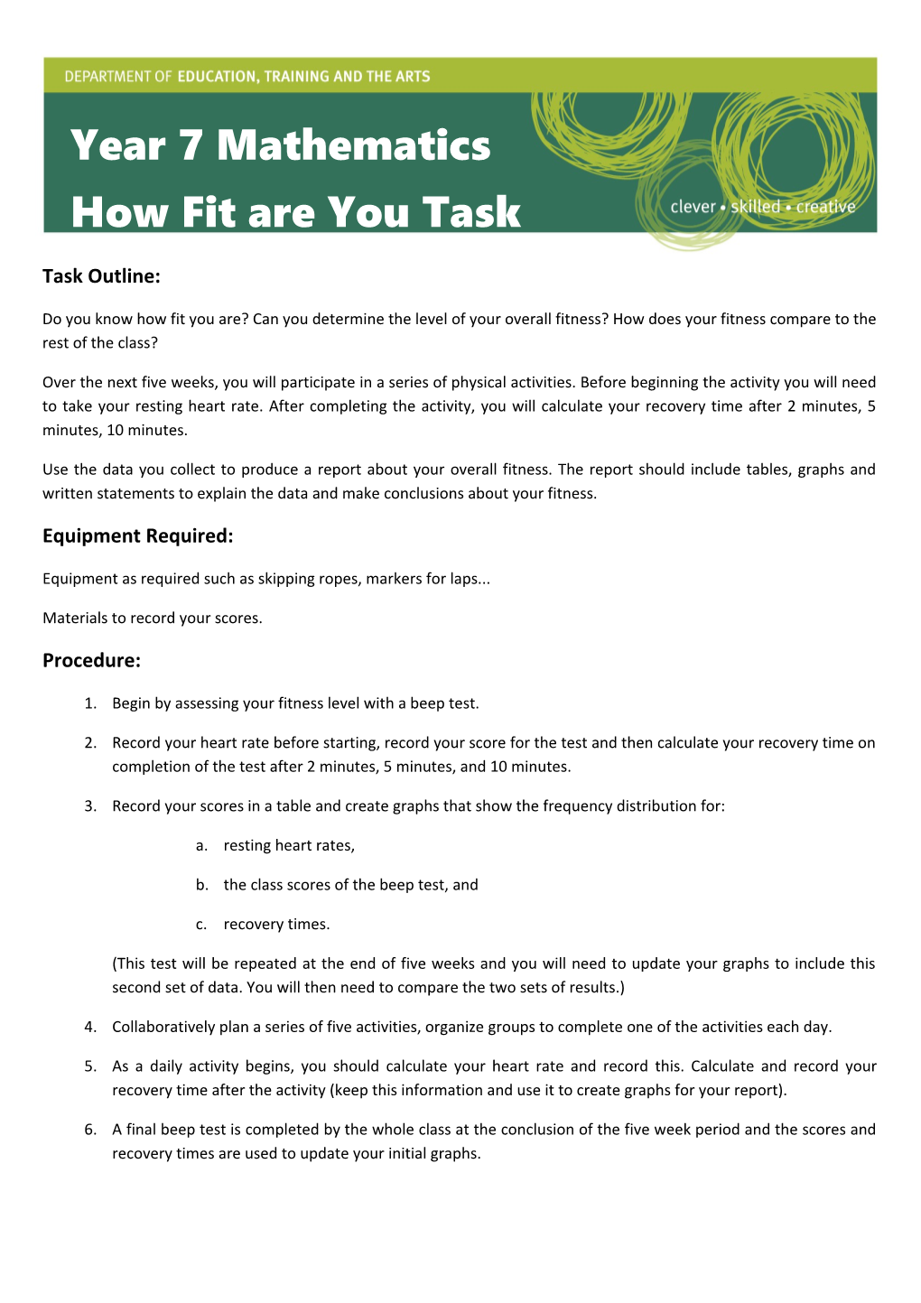 Year 7 Mathematics How Fit Are You Task