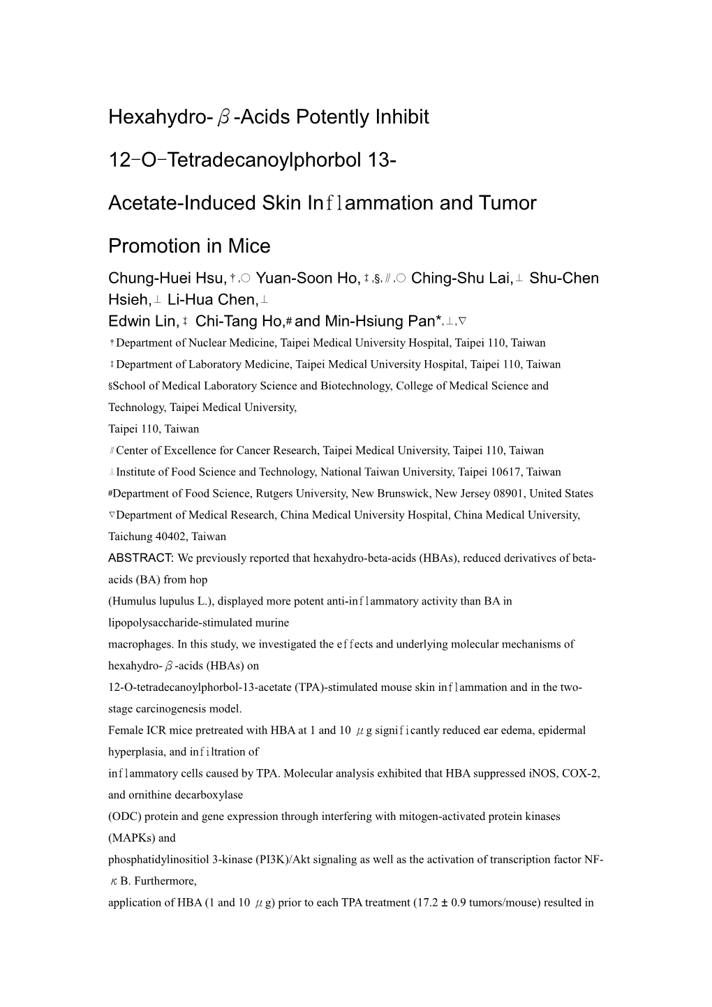 Hexahydro-Β-Acids Potently Inhibit 12 O Tetradecanoylphorbol 13