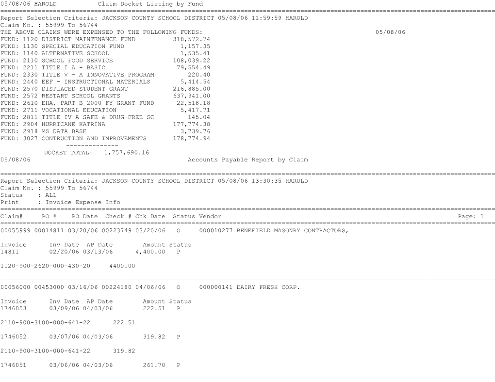 05/08/06 HAROLD Claim Docket Listing by Fund