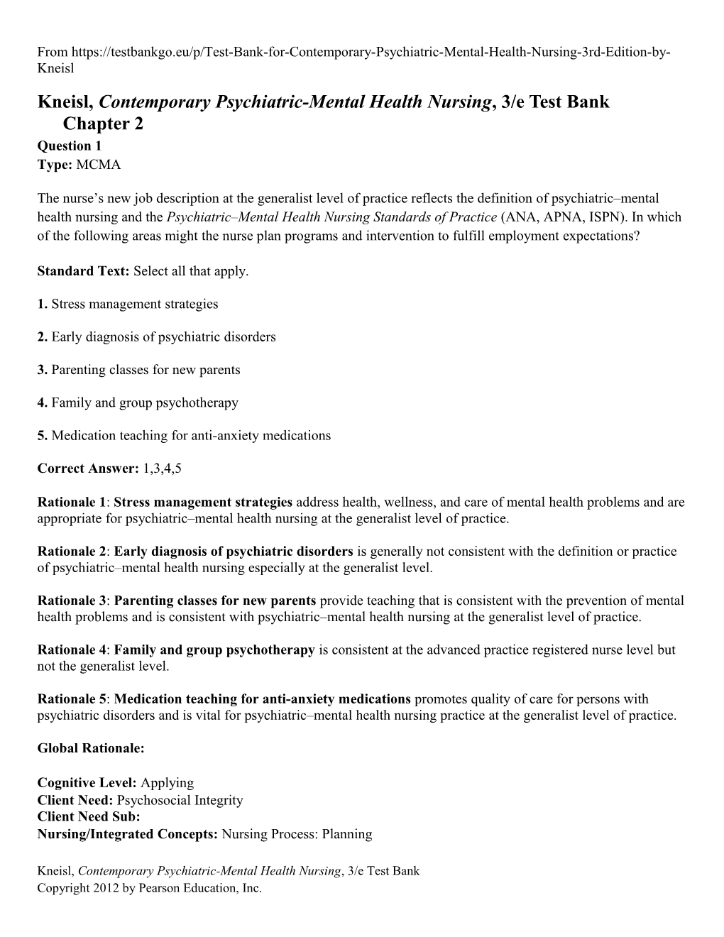 Kneisl, Contemporary Psychiatric-Mental Health Nursing, 3/E Test Bank Chapter 2