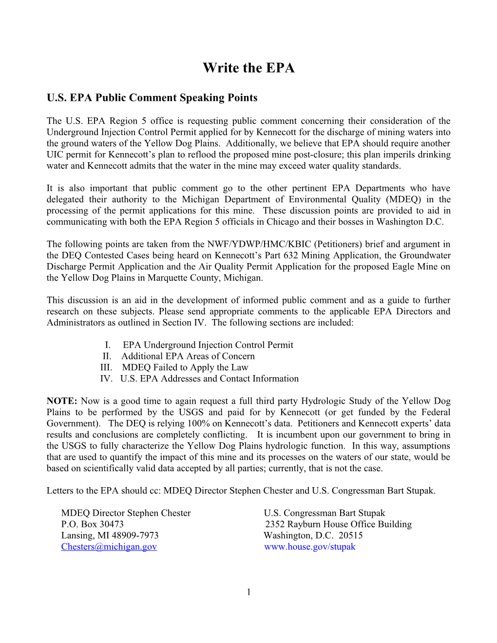 U.S. EPA Public Comment Speaking Points
