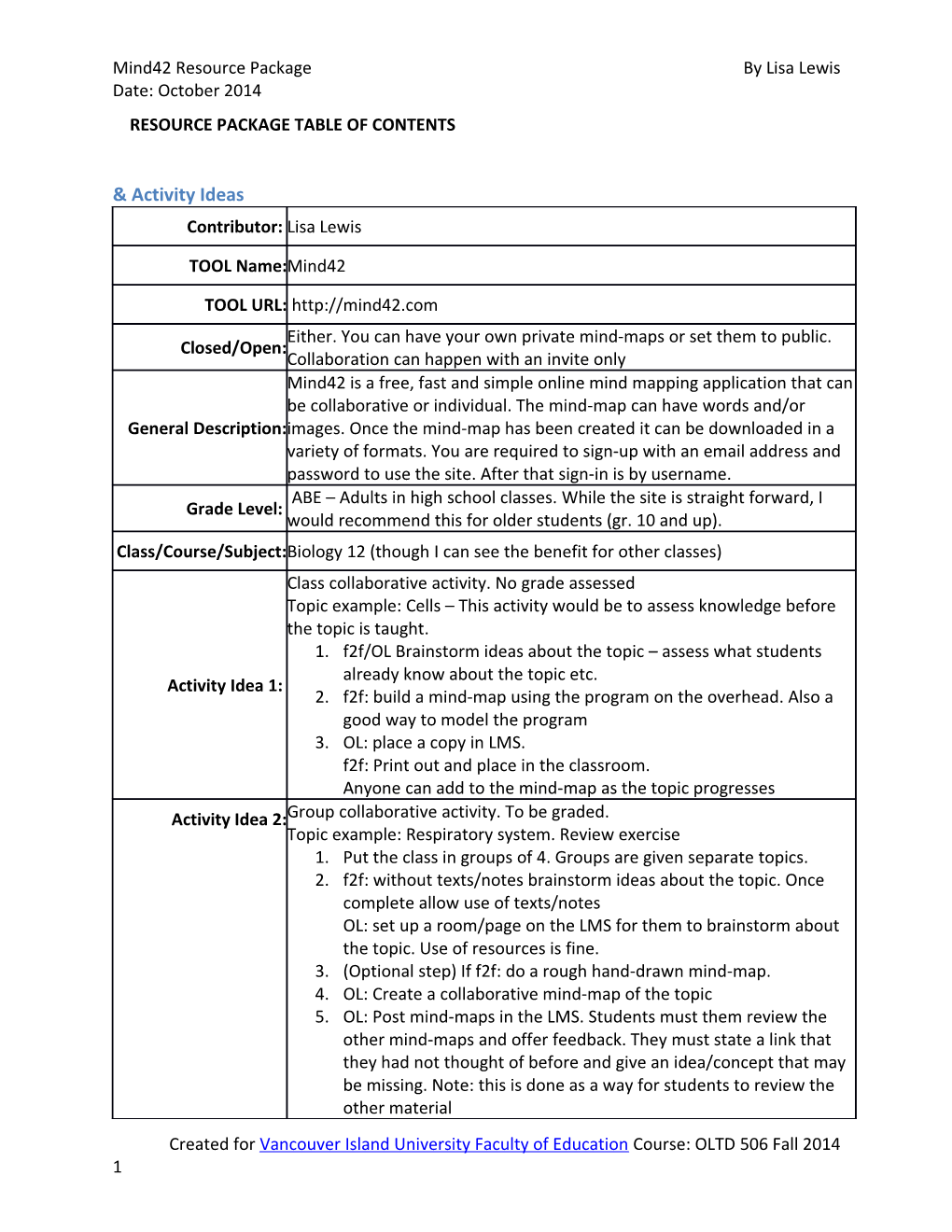 Resource Package Table of Contents