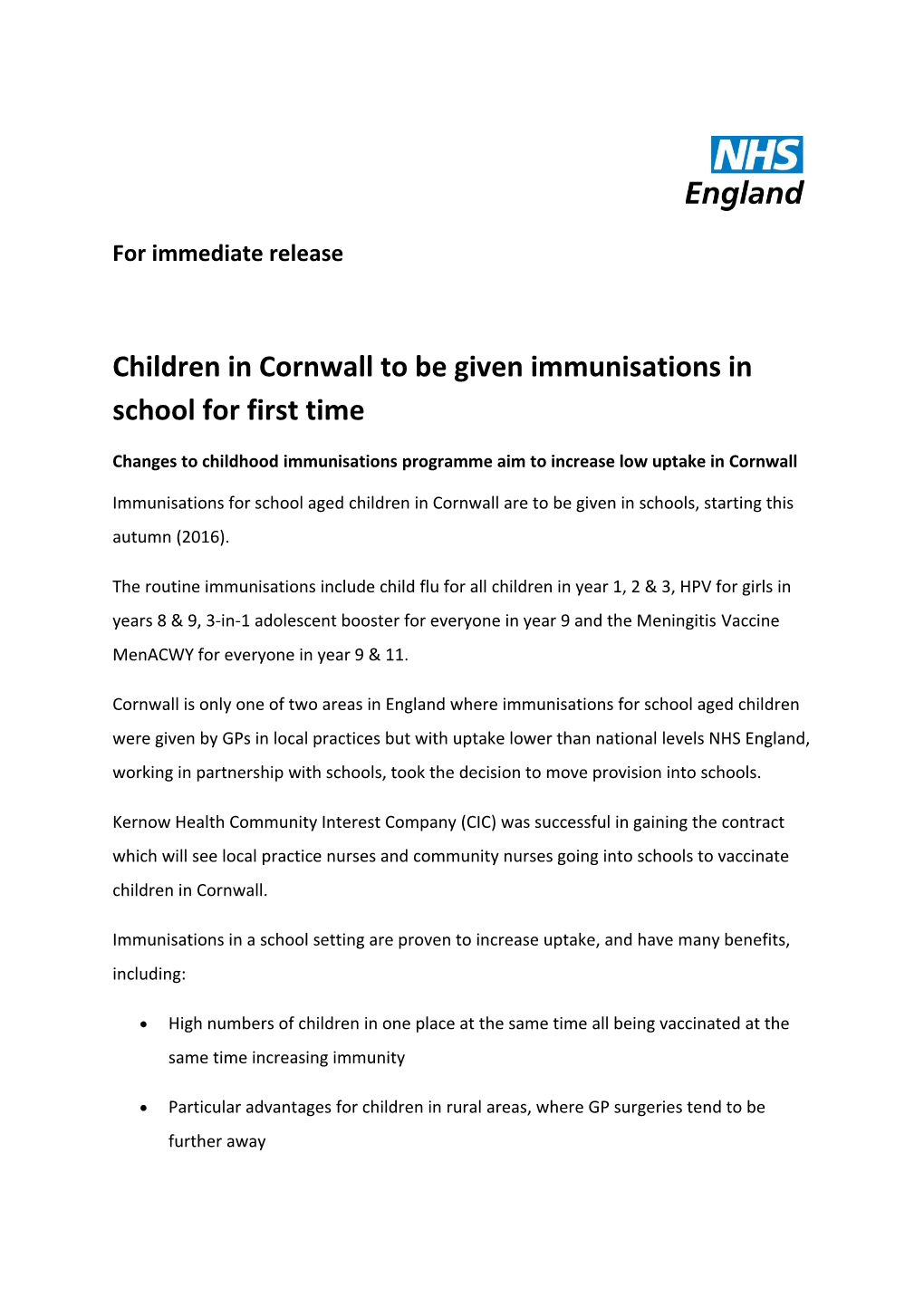 Children in Cornwall to Be Given Immunisations in School for First Time