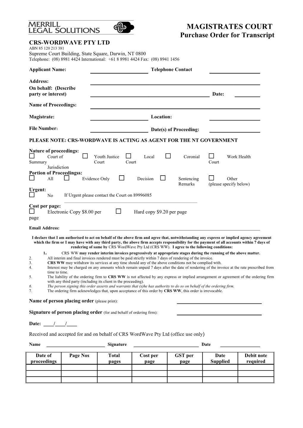 Purchase Order for Transcript