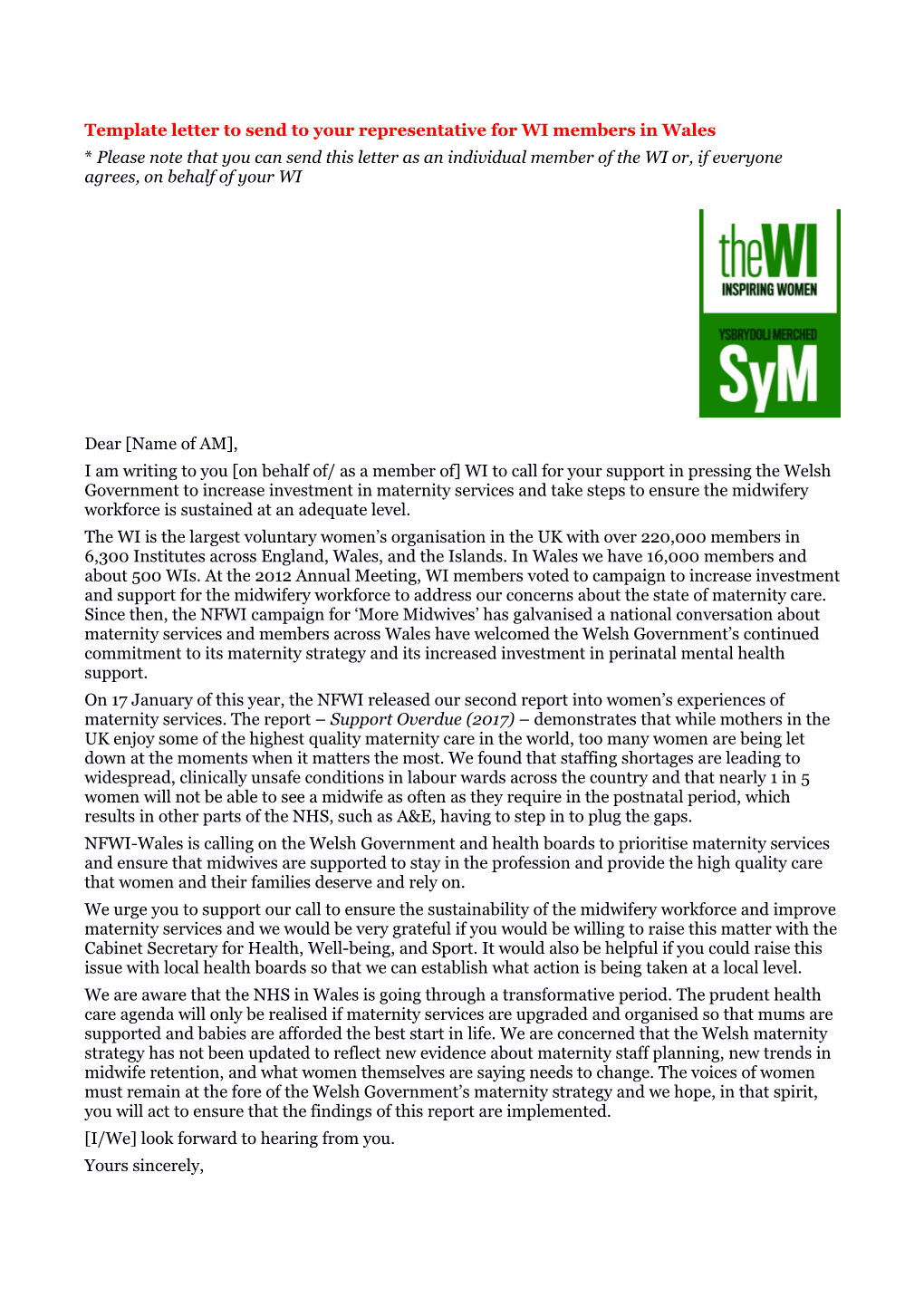 Template Letter to Send to Your Representative for WI Members in Wales