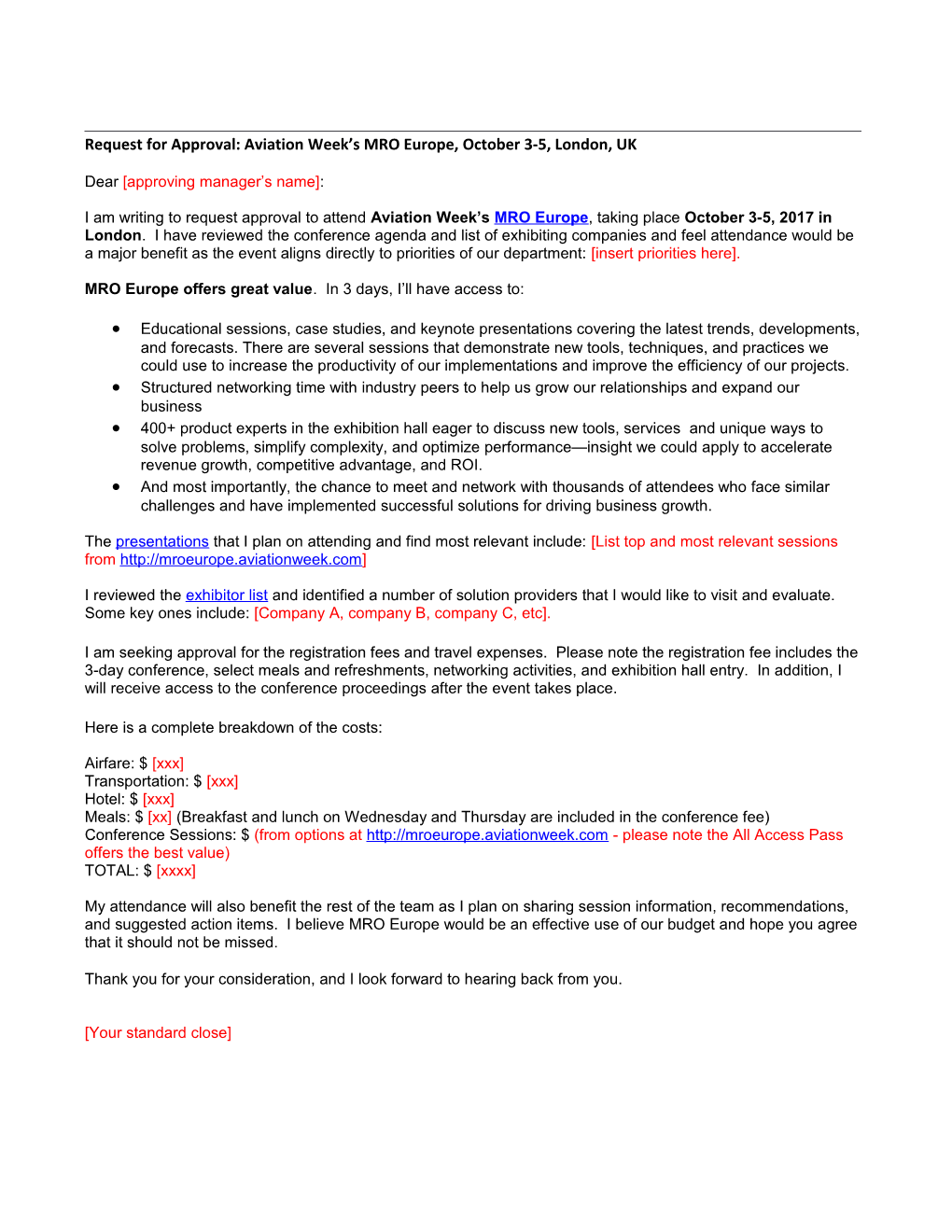 2014 MRO Europe Attendance Justification Letter