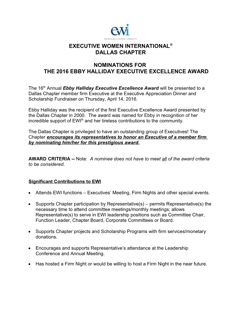 Nominations for the 2016 Ebby Halliday Executive Excellence Award