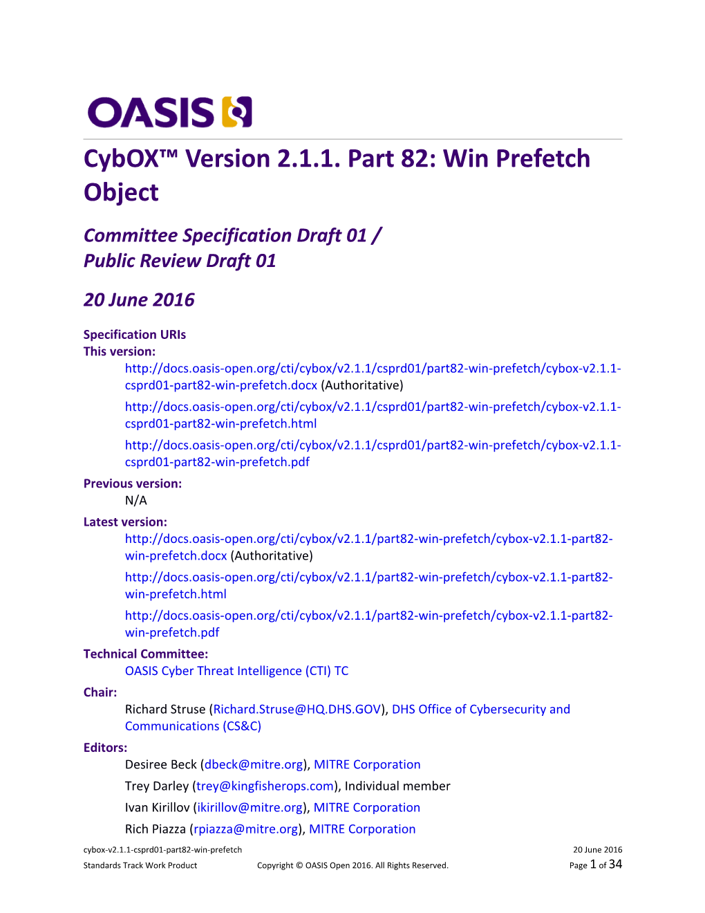 Cybox Version 2.1.1. Part 82: Win Prefetch Object