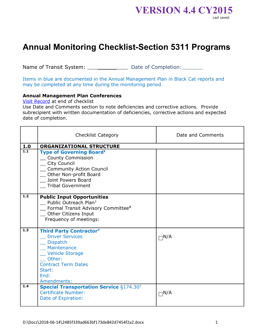 Annual Monitoring Checklist-Section 5311 Programs