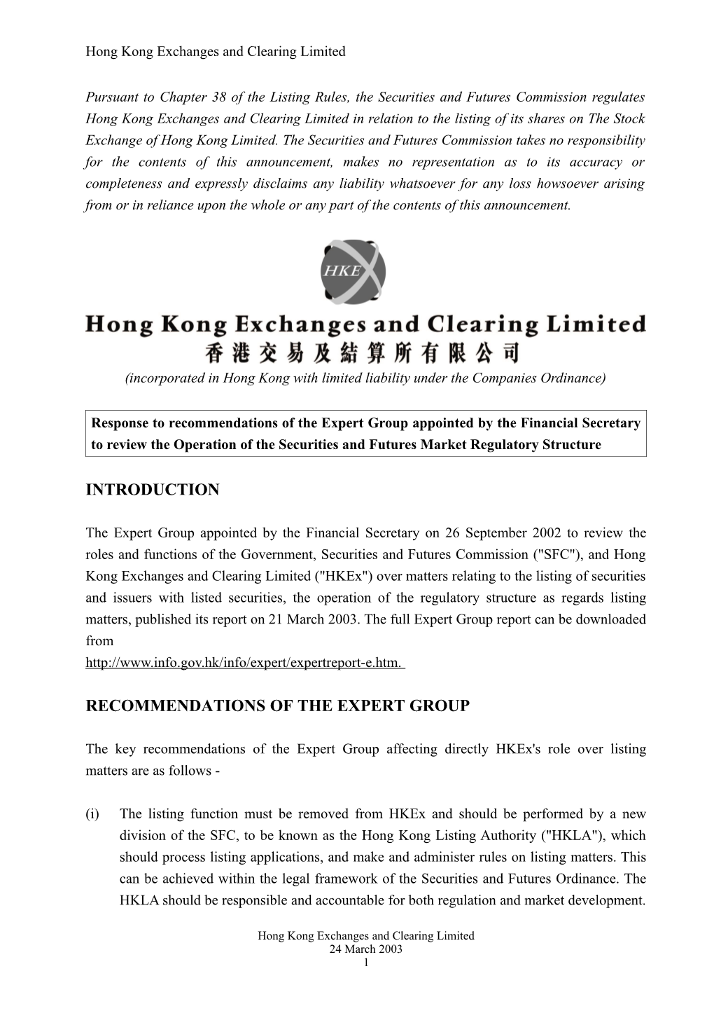 Hong Kong Exchanges and Clearing Limited