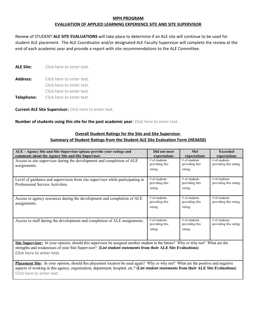 Evaluation of Applied Learning Experience Site and Site Supervisor