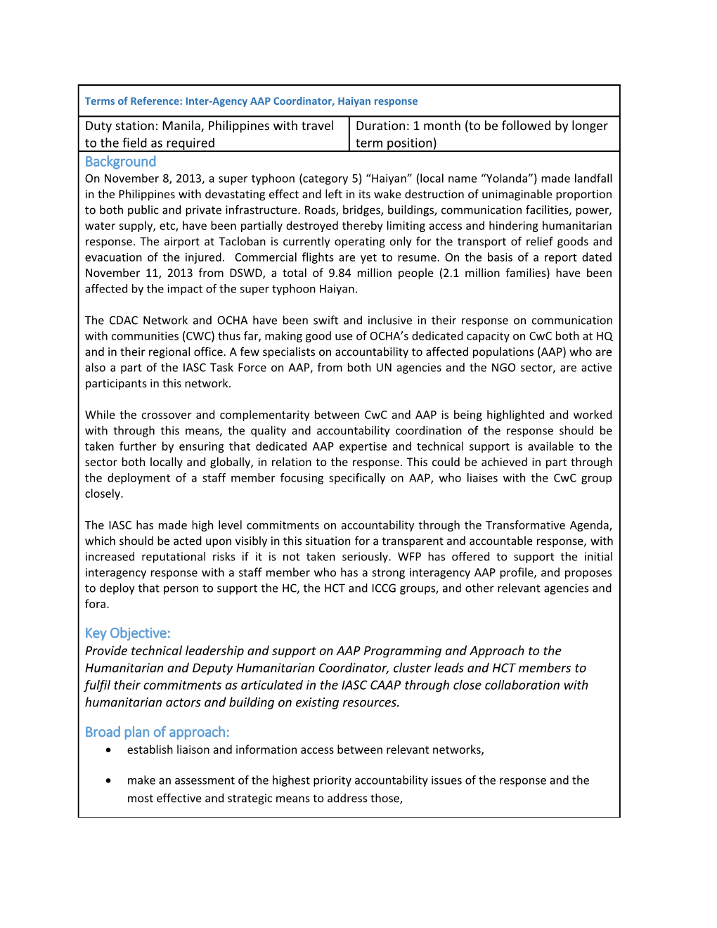 Terms of Reference: Inter-Agency AAP Coordinator, Haiyan Response