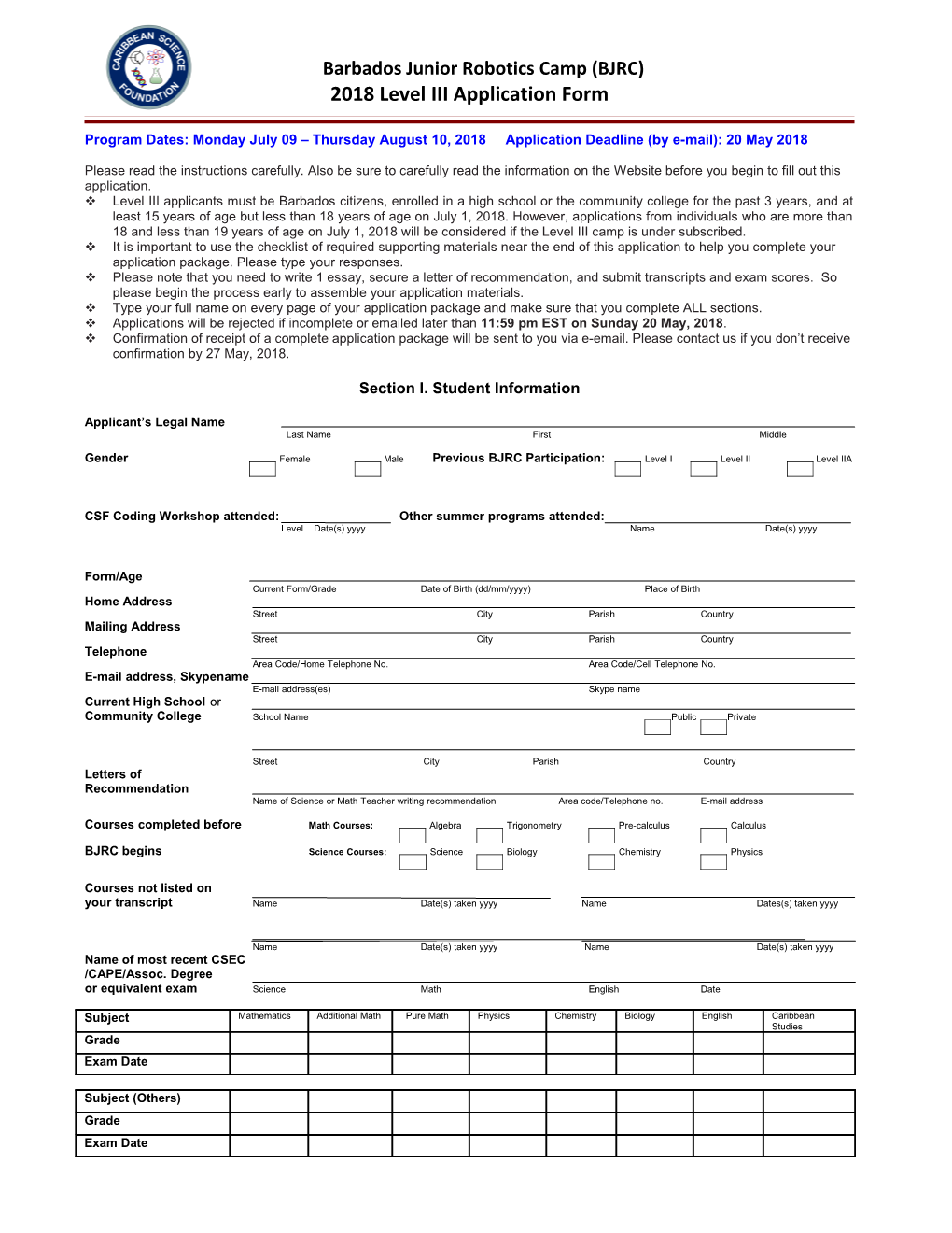 Spiseapplication Form 2012 Summer Program