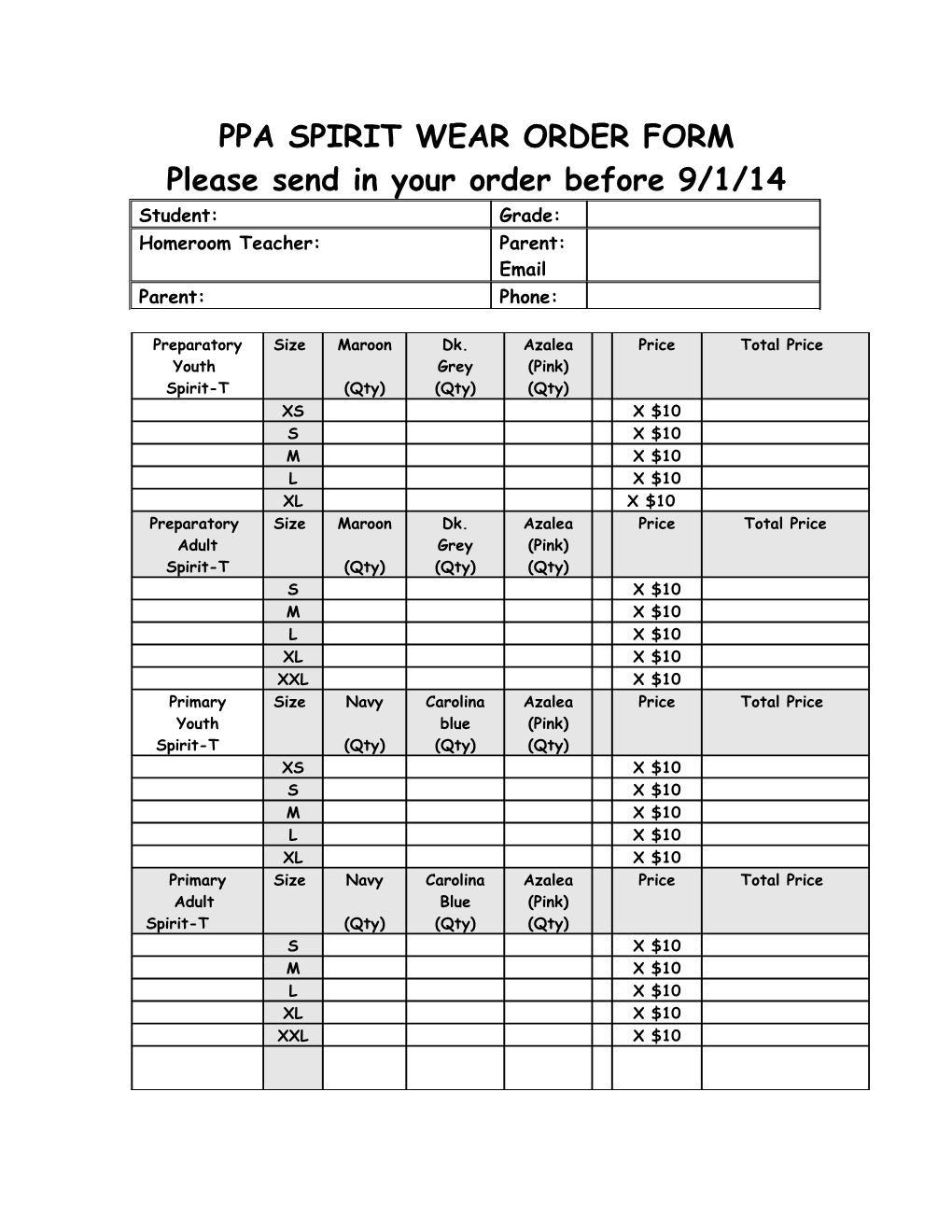 Ppa Spirit Wear Order Form