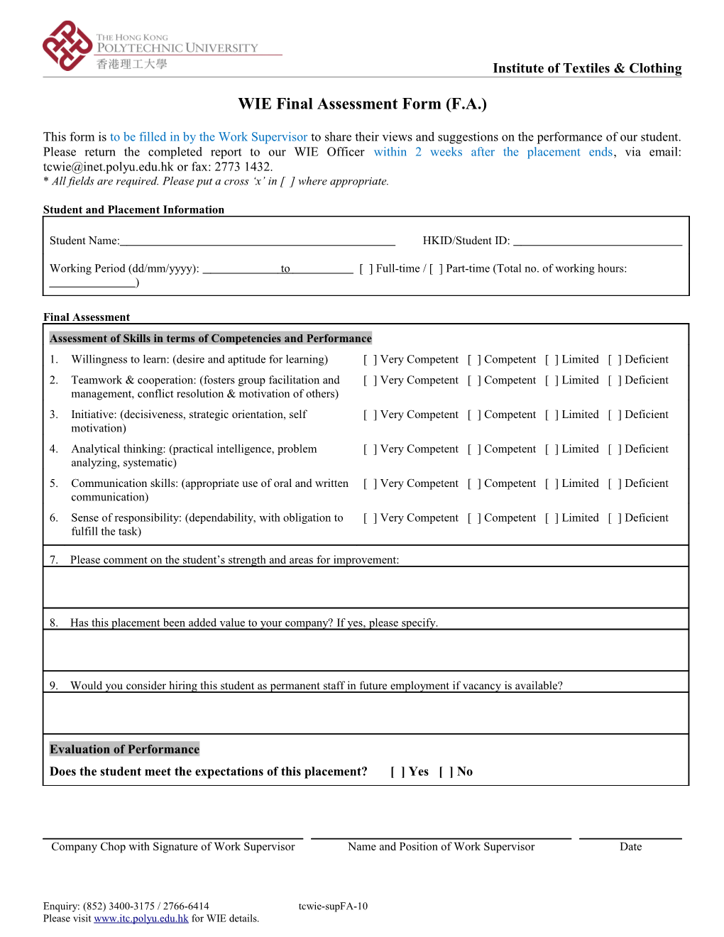 WIE Final Assessment Form (F.A.)