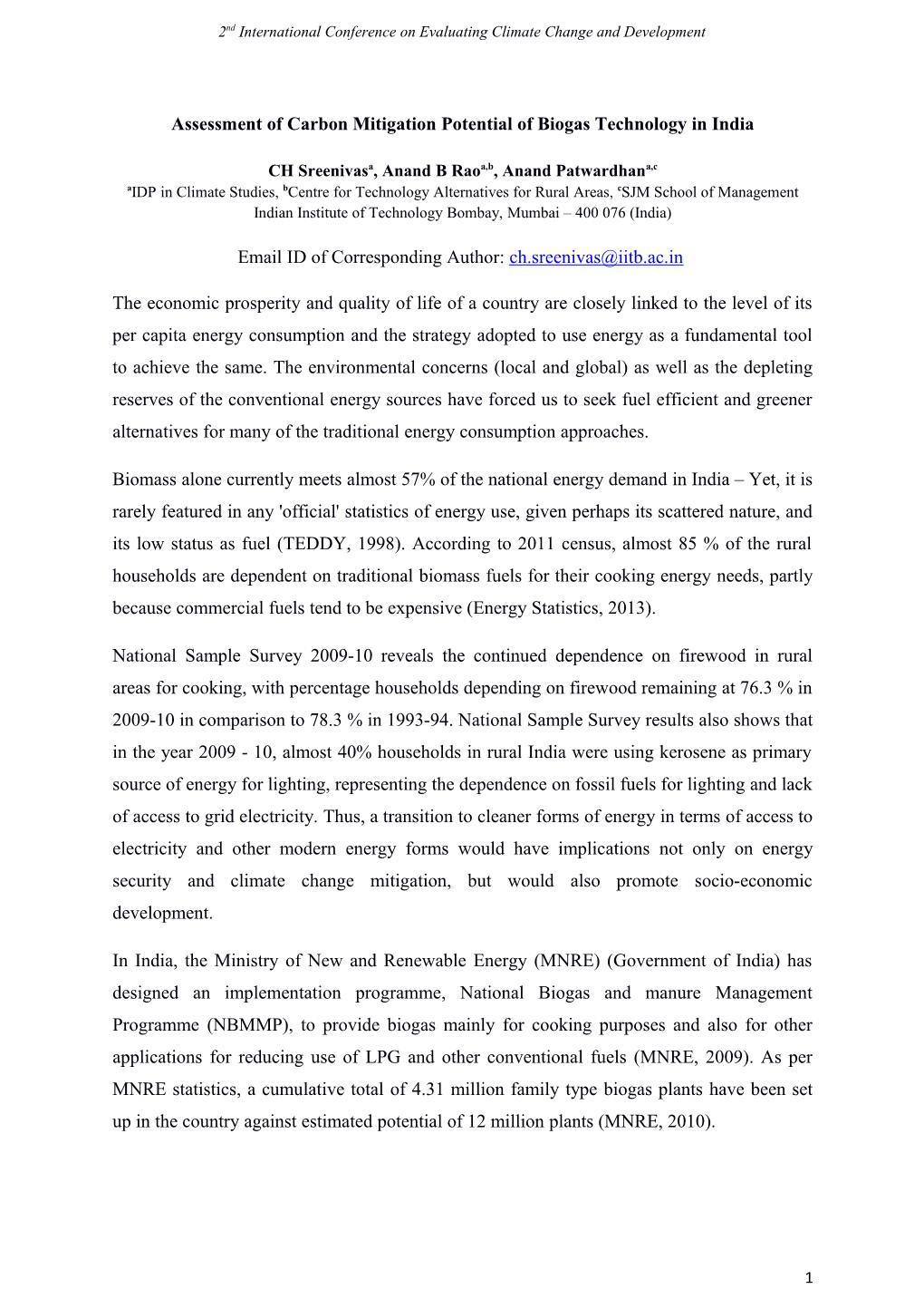 Assessment of Carbon Mitigation Potential of Biogas Technology in India