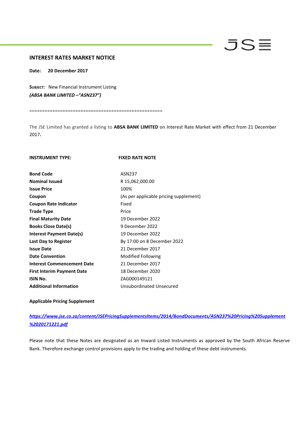 Interest Rate Market Notice