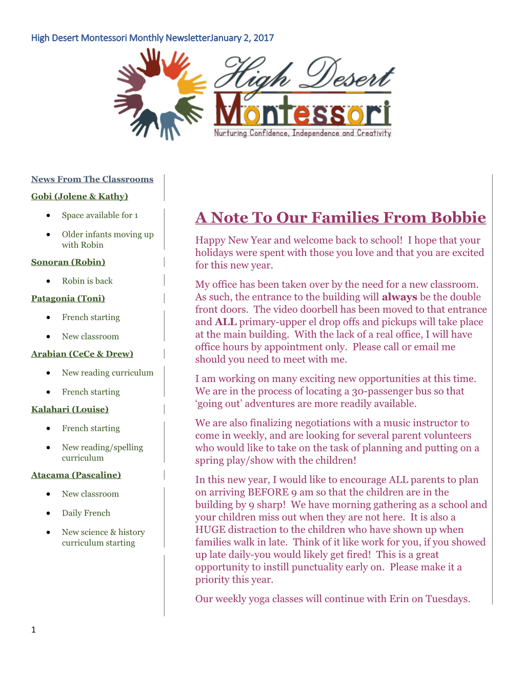 High Desert Montessori Monthly Newsletter