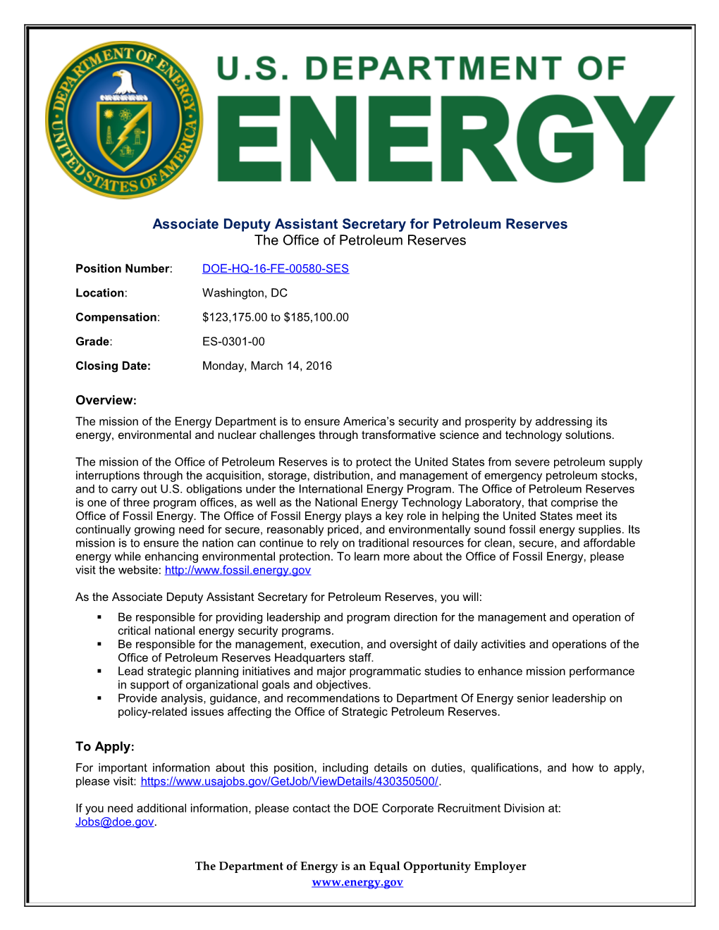 Associate Deputy Assistant Secretary for Petroleum Reserves s1