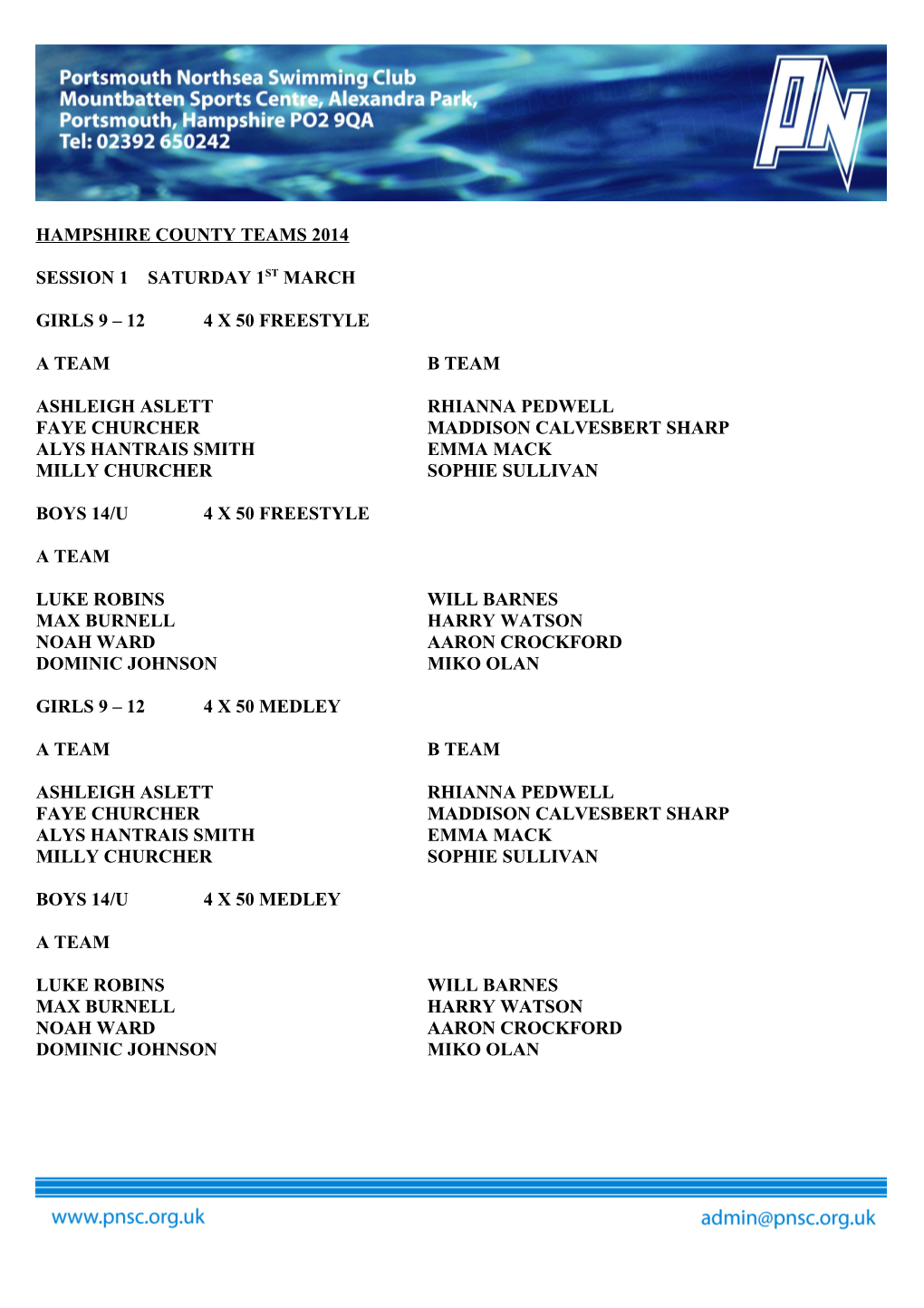 Hampshire County Teams 2014