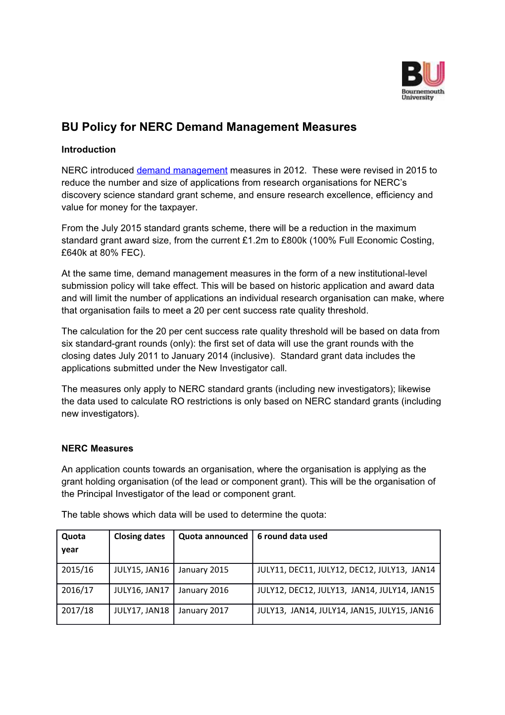 BU Policy for NERC Demand Management Measures