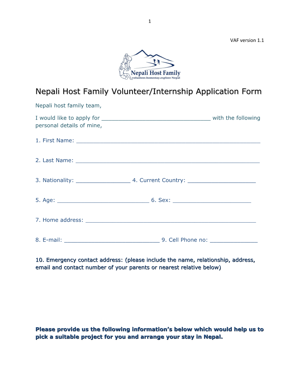 Nepali Host Family Volunteer/Internship Application Form