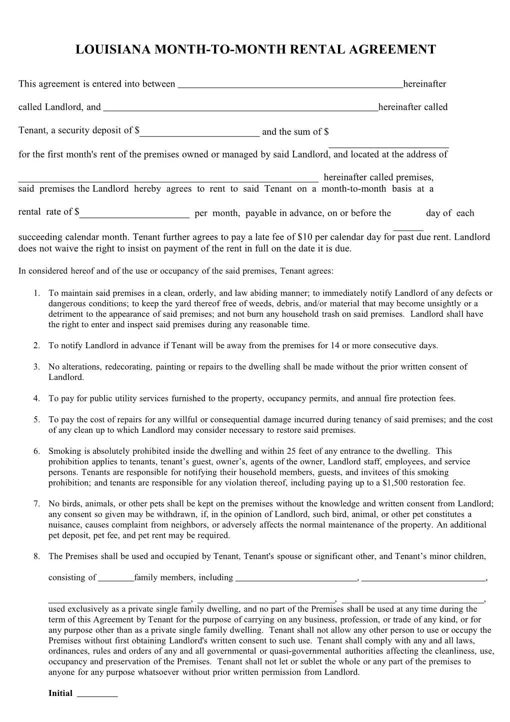 Louisiana Residential Monthly Agreement 022713