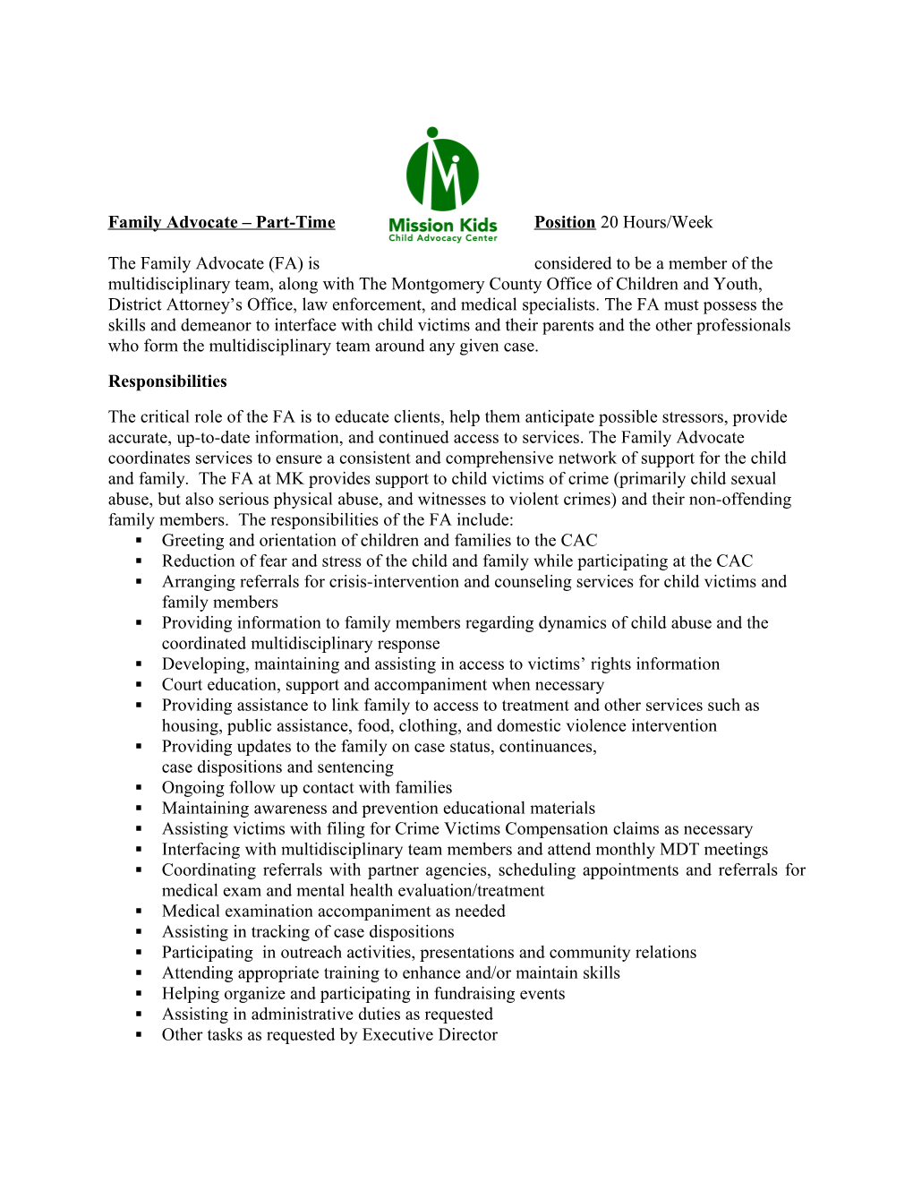 Family Advocate Part-Time Position 20 Hours/Week