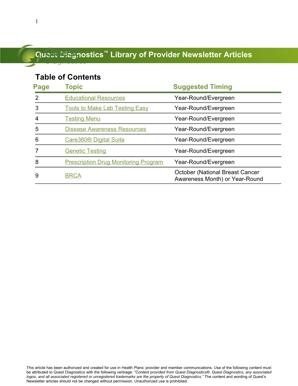 Quest Diagnostics Library of Provider Newsletter Articles