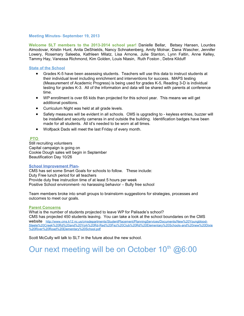 Meeting Minutes- September 19, 2013