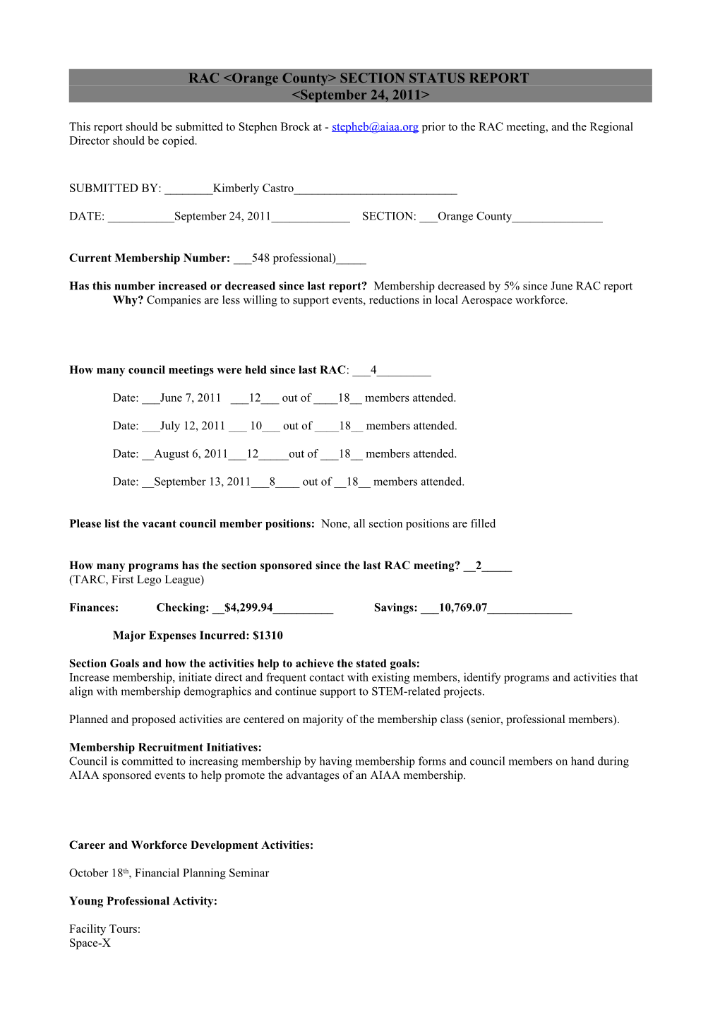 Proposed Rac Section Status Report (4/1/98)