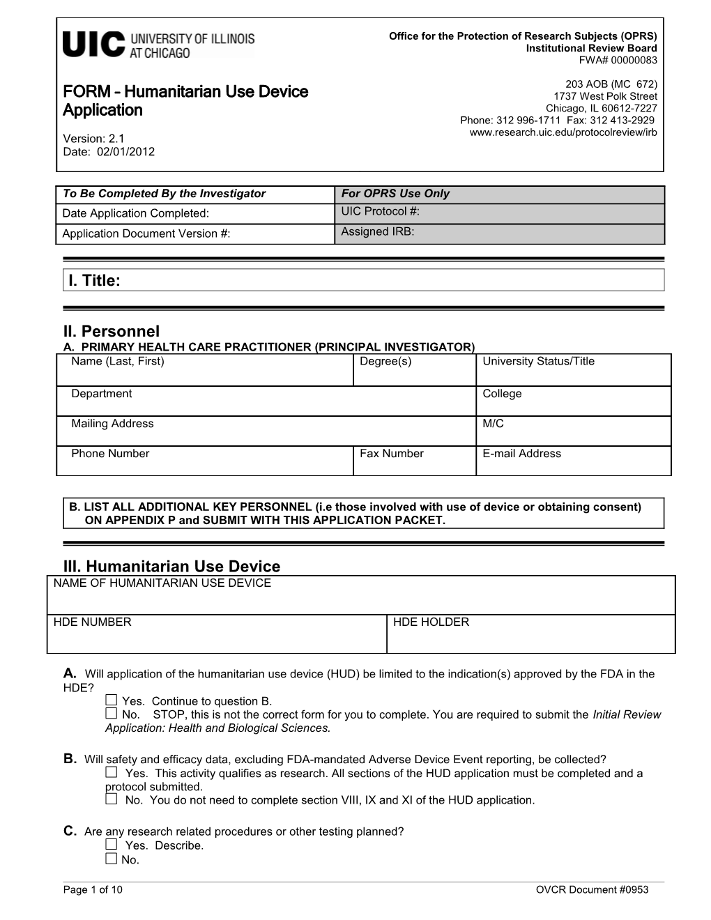 UIC IRB Humanitarian Use Device Version 2.1