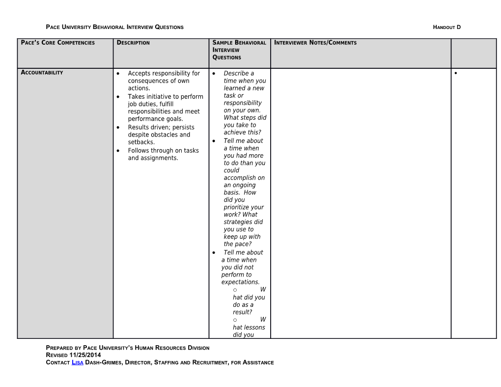 Pace University Behavioral Interview Questions Handout D