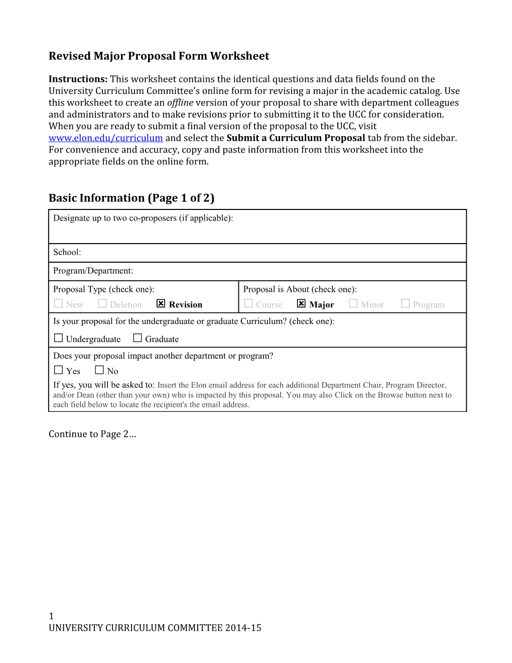 Revised Major Proposal Form Worksheet