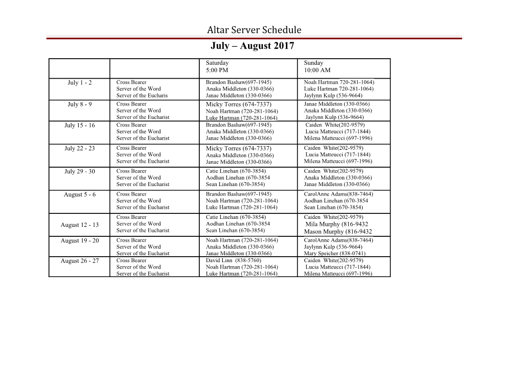 Altar Server Schedule s1