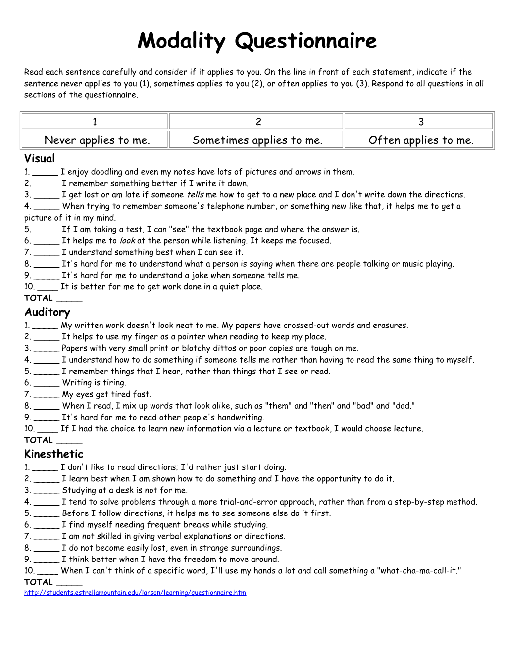 Modality Questionnaire