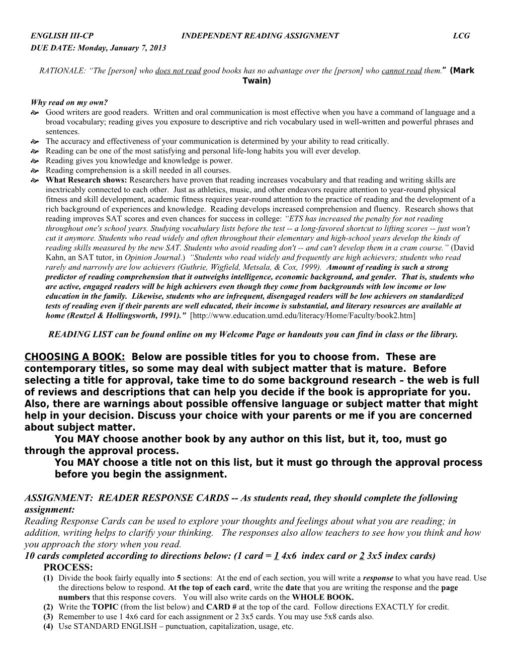 English Iii-Cp Independent Reading Assignment Lcg