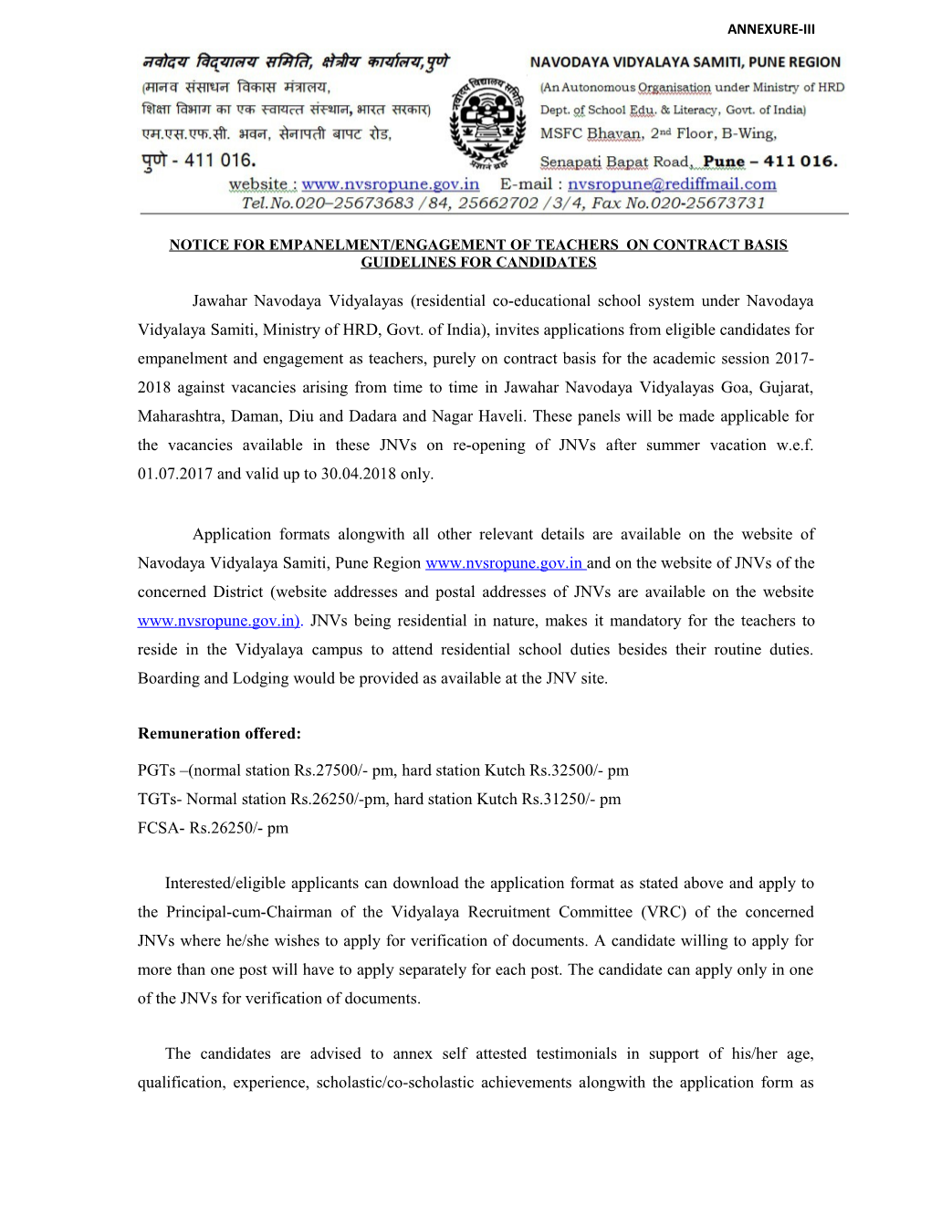 Notice for Empanelment/Engagement of Teachers on Contract Basis Guidelines for Candidates