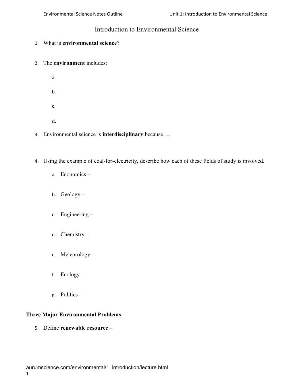 Environmental Science Notes Outlineunit 1: Introduction to Environmental Science