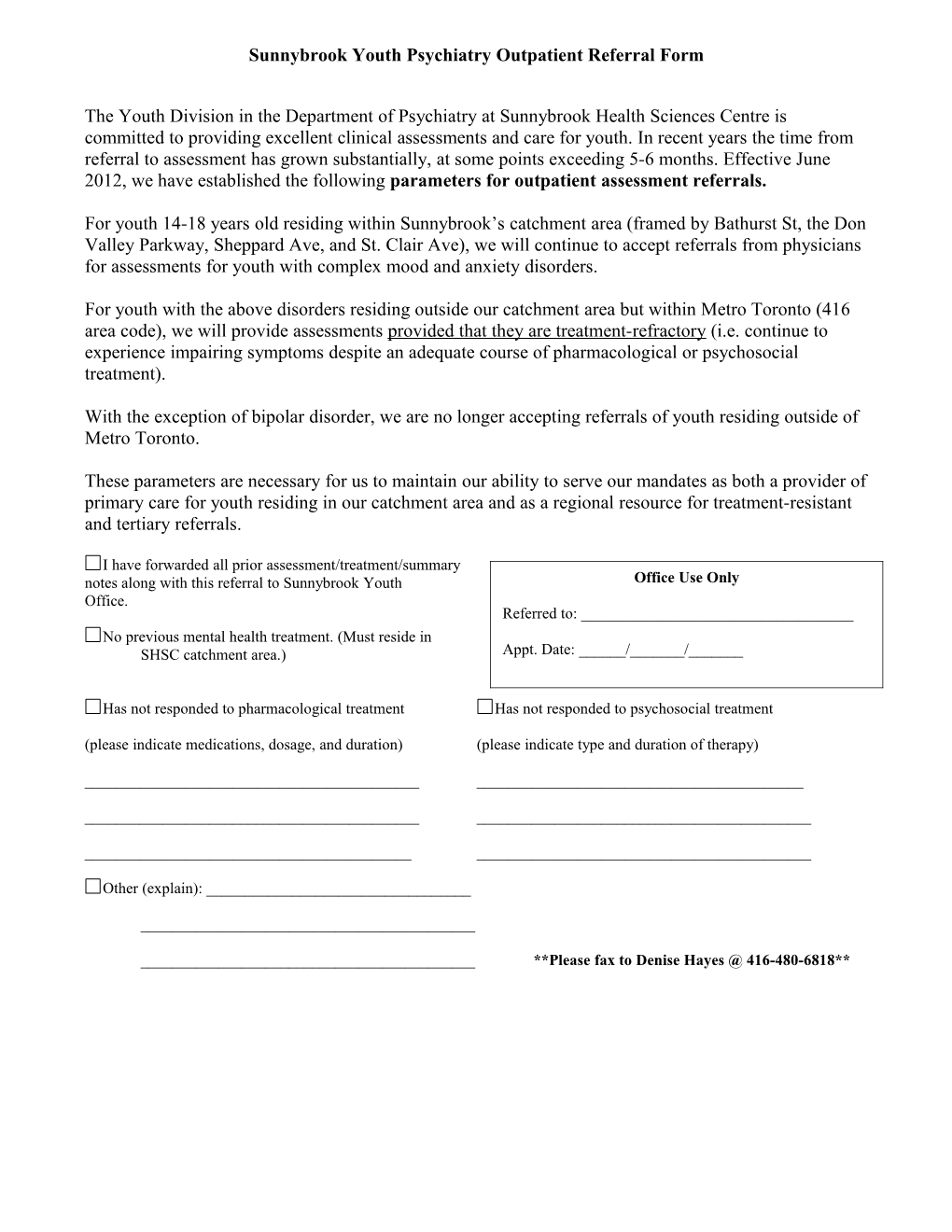 Sunnybrook Youth Psychiatry Outpatient Referral Form