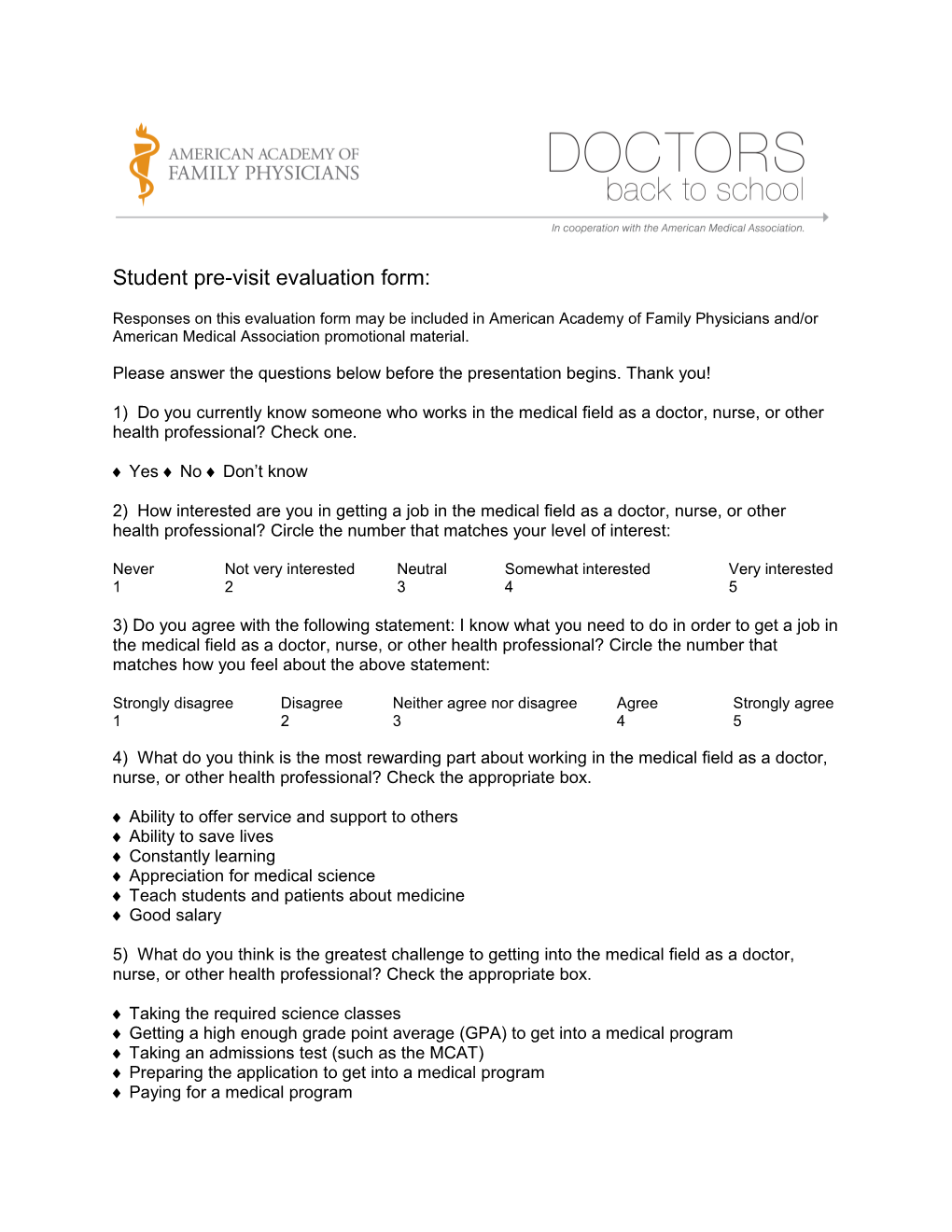 Student Pre-Visit Evaluation Form