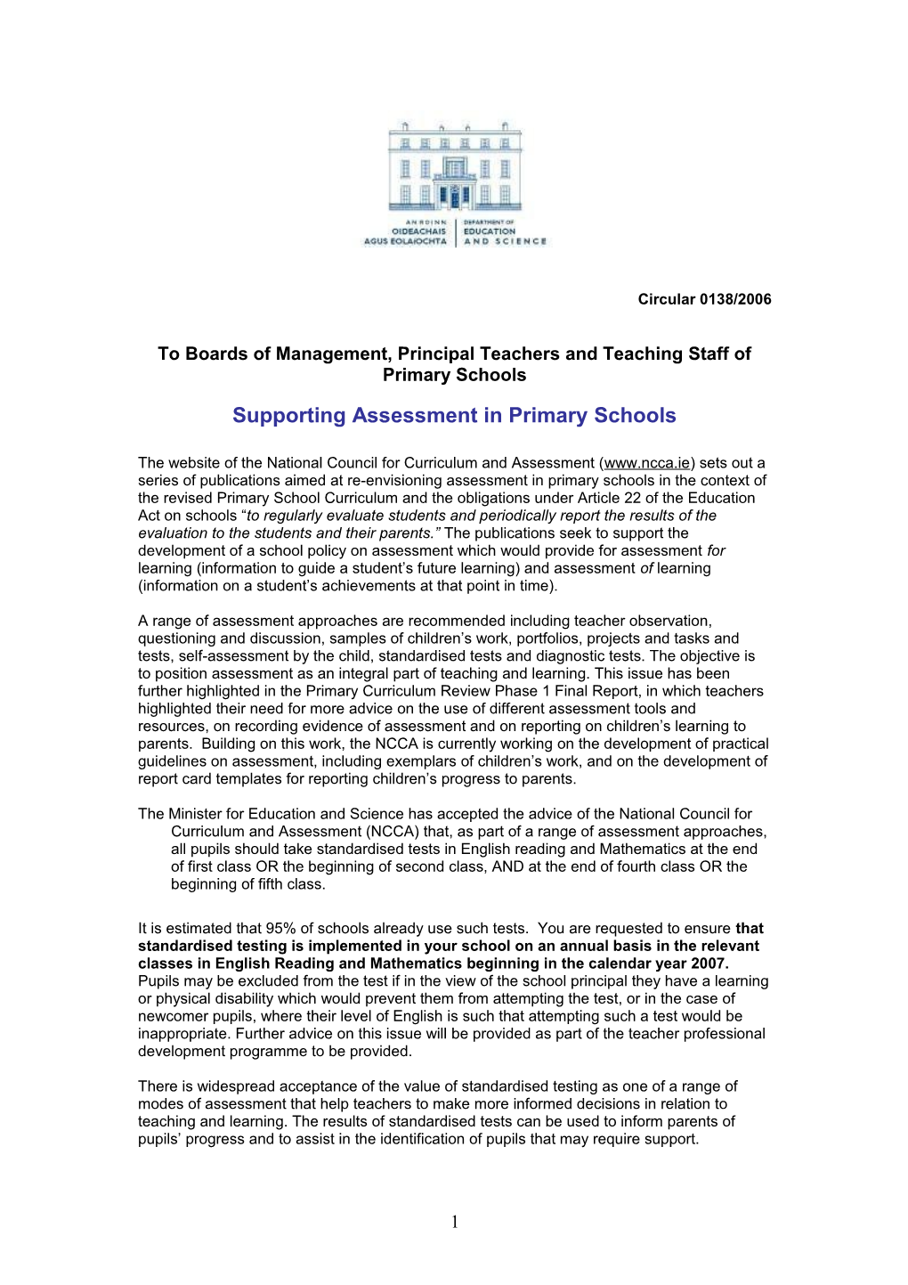 Circular 0138/2006 - Supporting Assessment in Primary Schools (File Format Word 60KB)