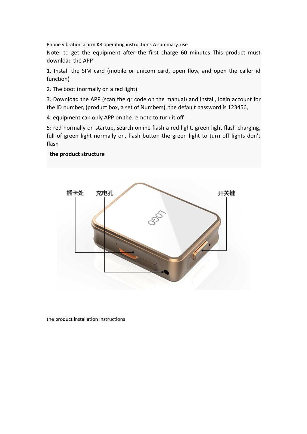 Phone Vibration Alarm K8 Operating Instructions a Summary, Use