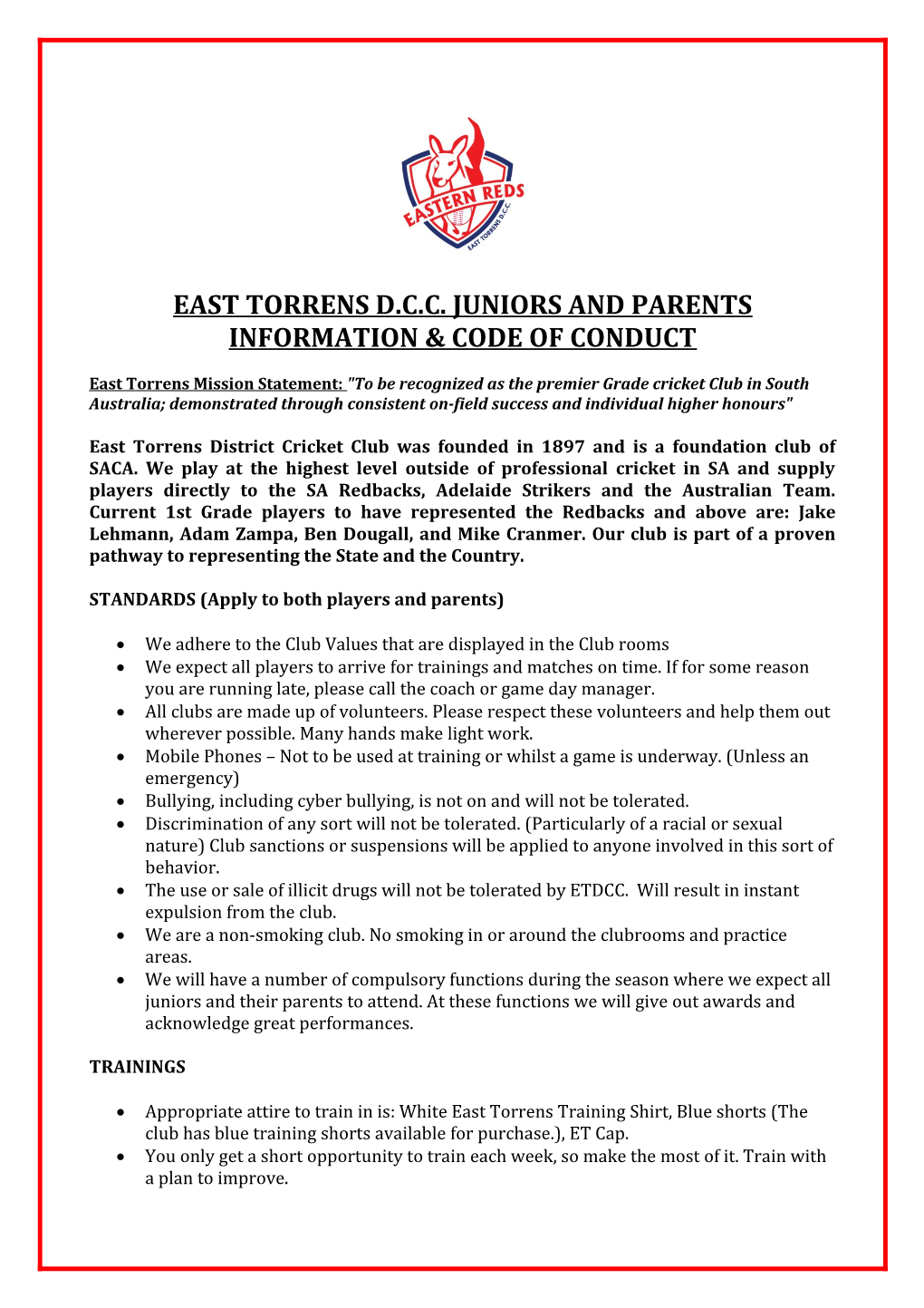East Torrens D.C.C. Juniors and Parents Information & Code of Conduct