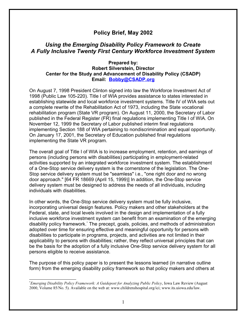 Using the Emerging Disability Policy Framework to Create